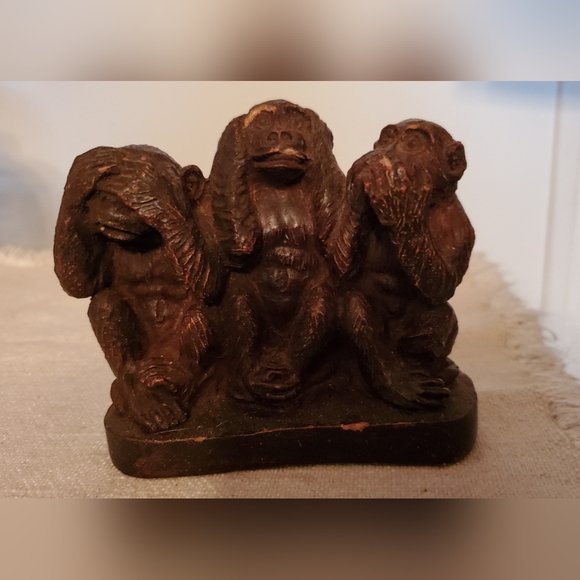 Antique 3 Wise Monkeys Sculpture, Wood and Stone of Krakow - Picture 1 of 10